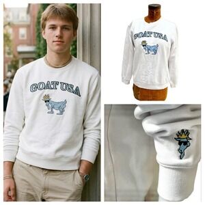 GOAT USA Embroidered Crewneck White Sweatshirt Preppy Grunge Casual Friday Small